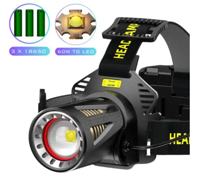 Фонарь налобный H610-WHITE LASER LED PM50-TG, сенсор движения, 3x18650, Power Bank
