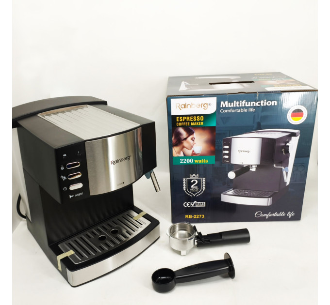 Кофемашина рожковая эспрессо Rainberg RB-2273 2200Вт с капучинатором 1.6л, кофеварка полуавтоматическая