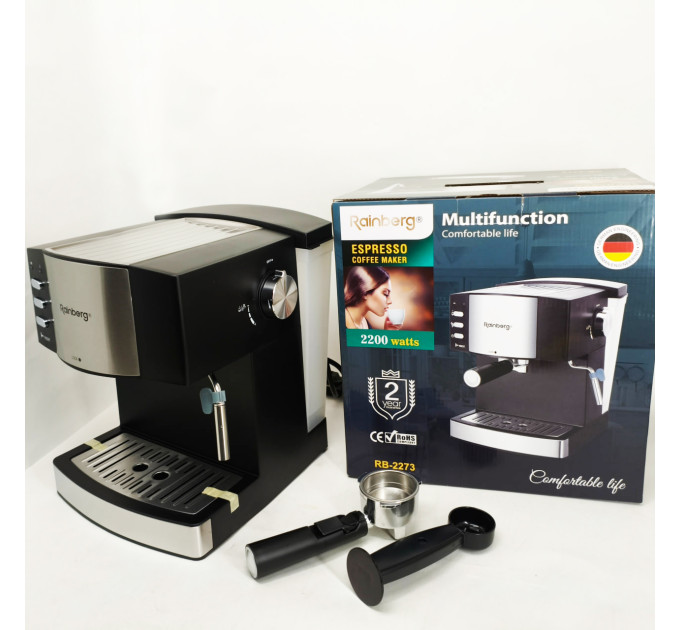 Кофемашина рожковая эспрессо Rainberg RB-2273 2200Вт с капучинатором 1.6л, кофеварка полуавтоматическая