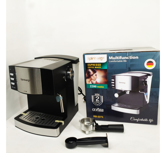 Кофемашина рожковая эспрессо Rainberg RB-2273 2200Вт с капучинатором 1.6л, кофеварка полуавтоматическая