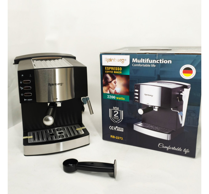 Кофемашина рожковая эспрессо Rainberg RB-2273 2200Вт с капучинатором 1.6л, кофеварка полуавтоматическая