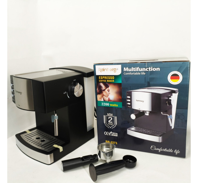 Кофемашина рожковая эспрессо Rainberg RB-2273 2200Вт с капучинатором 1.6л, кофеварка полуавтоматическая