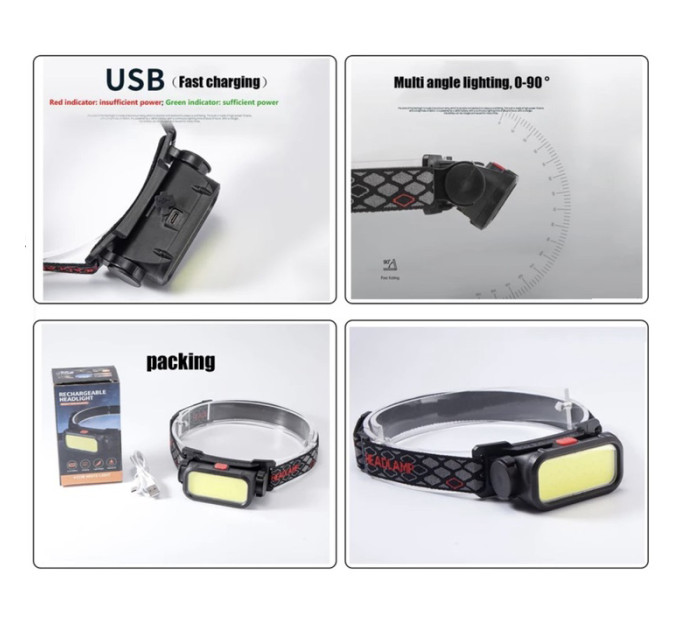 Ліхтар налобний BL-008+COB (white+red), червоне світло, водозахист, вбудований акумулятор