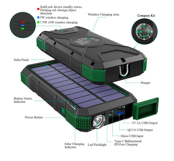 Портативне зарядне Solar power bank with LED light 20000mAh