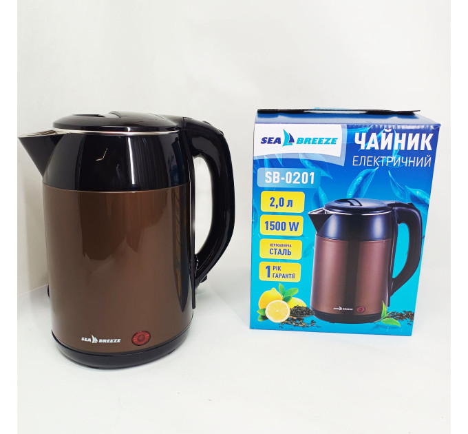 Електрочайник-термос металевий SeaBreeze SB-0201, стильний електричний чайник, безшумний чайник