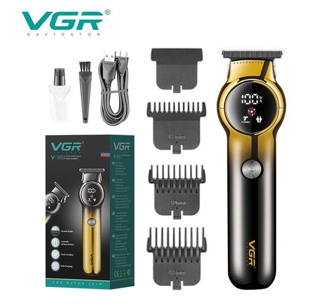 Тример для бороди та вусів VGR V-989 7000 об. Машинка для стрижки, окантування кераміка+сталь. Колір чорний