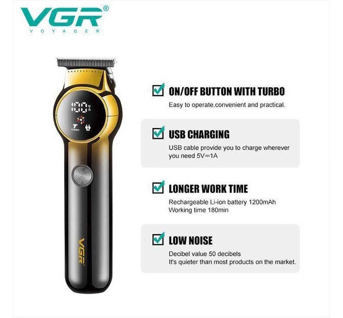 Тример для бороди та вусів VGR V-989 7000 об. Машинка для стрижки, окантування кераміка+сталь. Колір чорний