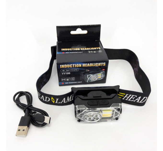 Ліхтар налобний YY-19B-3SMD+2COB(white+yellow+red), Налобний ліхтарик із usb зарядкою