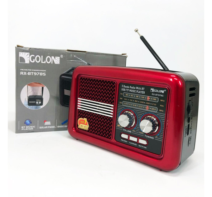 Радіо приймач Golon RX-BT978S сонячна панель AUX 3.5mm, Радіо приймач з акумулятором Red