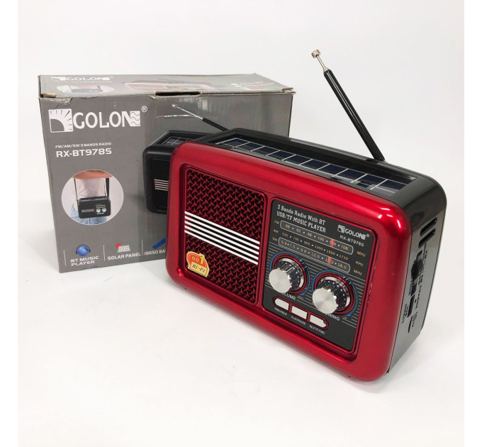 Радіо приймач Golon RX-BT978S сонячна панель AUX 3.5mm, Радіо приймач з акумулятором Red
