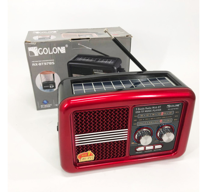 Радіо приймач Golon RX-BT978S сонячна панель AUX 3.5mm, Радіо приймач з акумулятором Red