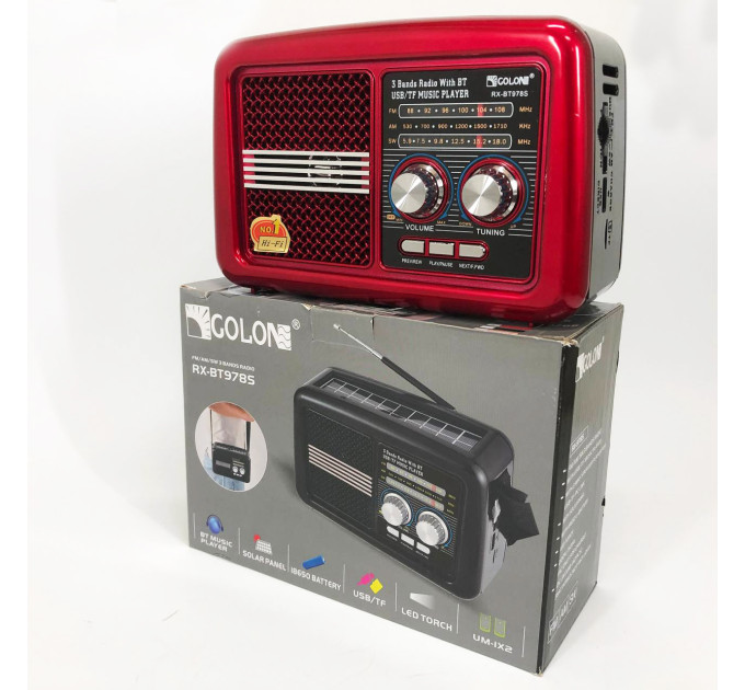 Радіо приймач Golon RX-BT978S сонячна панель AUX 3.5mm, Радіо приймач з акумулятором Red