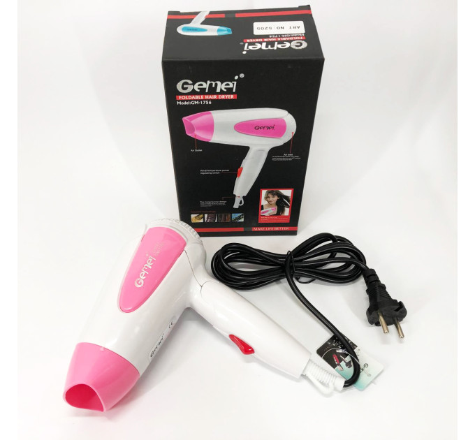 Фен для волосся складаний дорожній Gemei GM-1756 1200 Вт, Домашній фен для укладання Pink