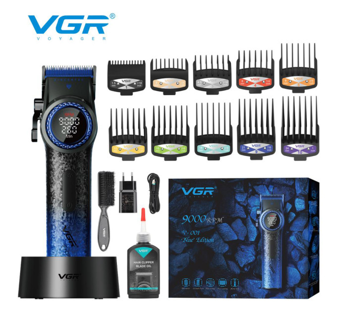 Професійна машинка для стрижки волосся VGR V-001 BLUE з дисплеєм 9000 об/хв та 10 насадками 1,5-24 мм