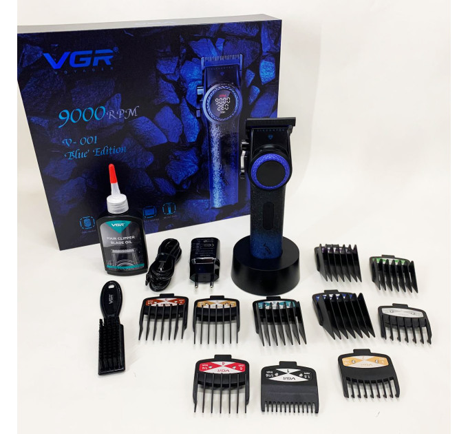 Професійна машинка для стрижки волосся VGR V-001 BLUE з дисплеєм 9000 об/хв та 10 насадками 1,5-24 мм