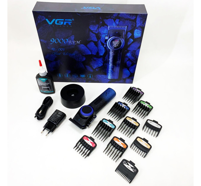 Професійна машинка для стрижки волосся VGR V-001 BLUE з дисплеєм 9000 об/хв та 10 насадками 1,5-24 мм
