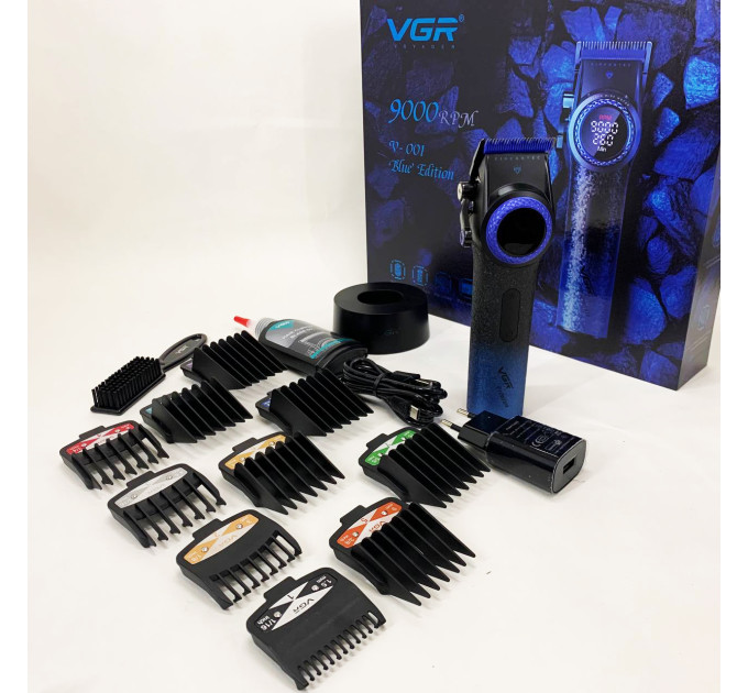 Професійна машинка для стрижки волосся VGR V-001 BLUE з дисплеєм 9000 об/хв та 10 насадками 1,5-24 мм