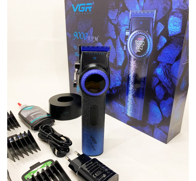 Професійна машинка для стрижки волосся VGR V-001 BLUE з дисплеєм 9000 об/хв та 10 насадками 1,5-24 мм