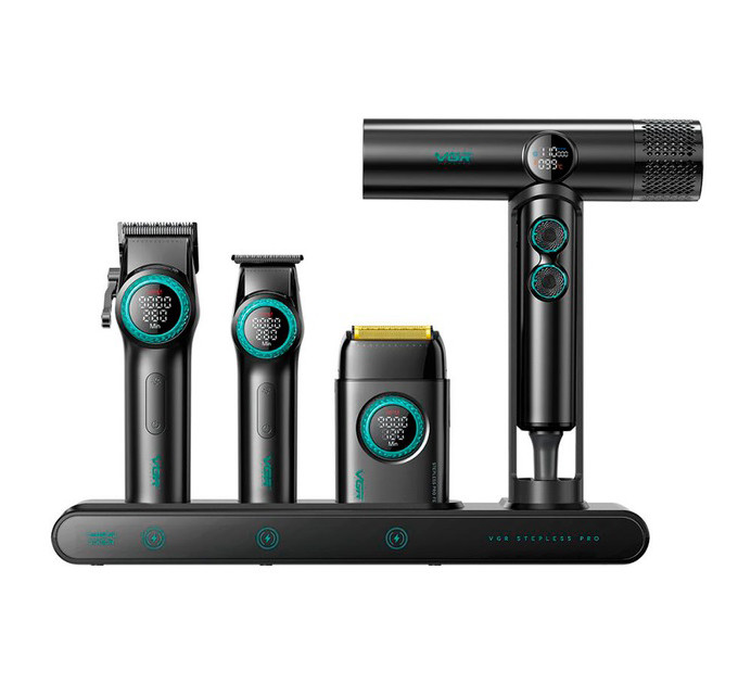 Набір VGR STEPLERSS RPO 4 IN 1 BLACK, триммер, машинка для стрижки, електробритва, фен