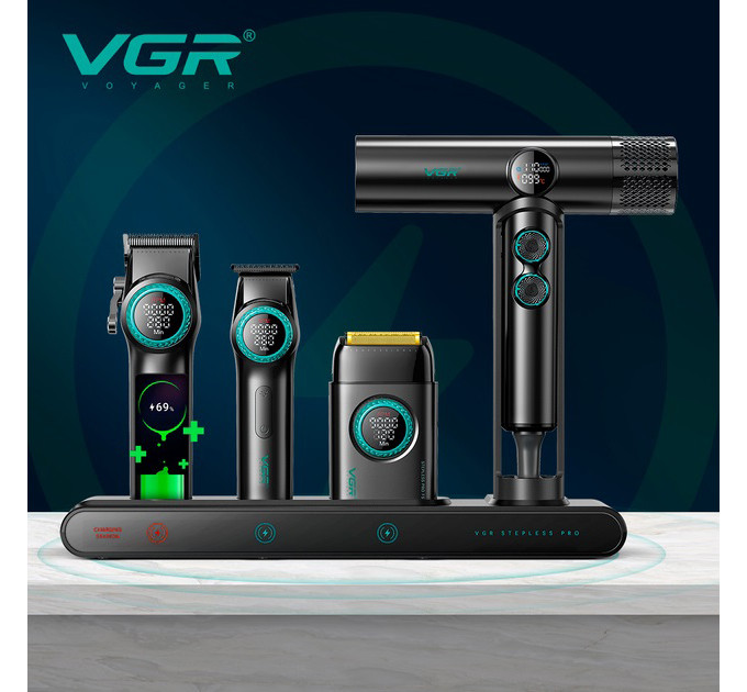 Набір VGR STEPLERSS RPO 4 IN 1 BLACK, триммер, машинка для стрижки, електробритва, фен