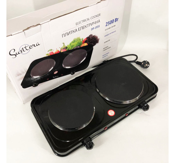 Плитка настільна електрична Suntera DP-1935B, 2500 W, 2 конфорки різного діаметру Black