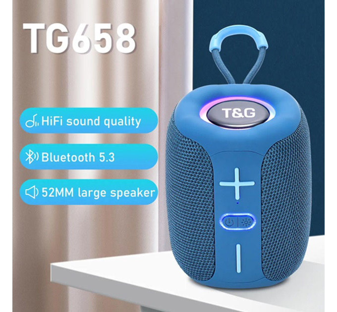 Портативна Bluetooth колонка TG658 8W з RGB підсвічуванням, акумуляторна переносна колонка. Колір: синій