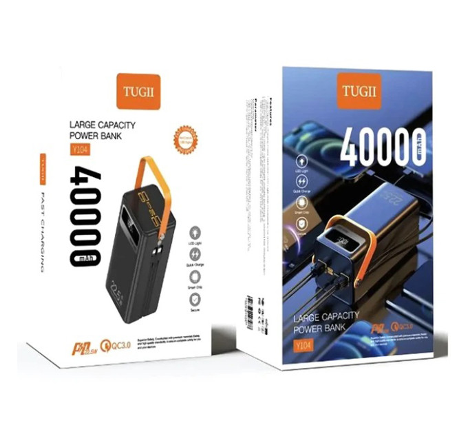 Зовнішній аккумулятор Power Bank TUGII-Y104 40000mAh 22.5W з потужною LED-лампою та вбудованими кабелями