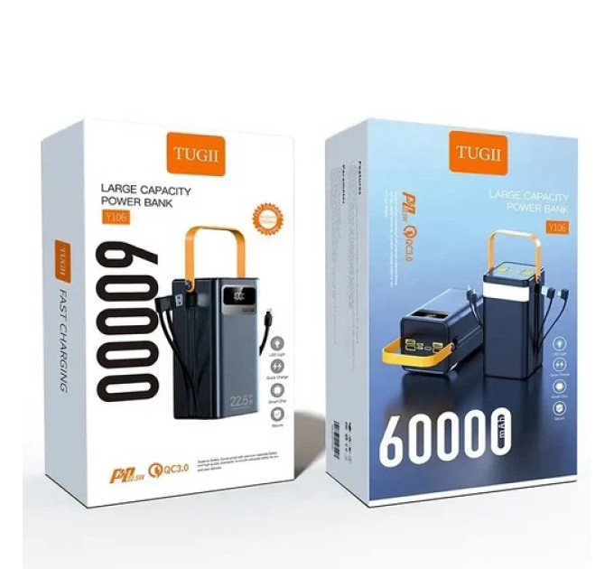 Power bank WUW TUGII Y106 60000 mAh зі швидкою зарядкою, дисплеєм та вбудованими кабелями 4xUSB