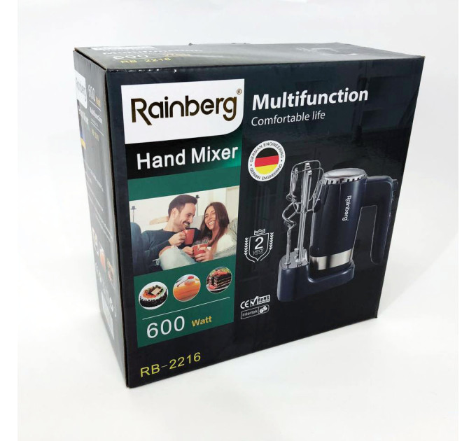 Міксер ручний Rainberg RB-2216 (5 швидкостей, 2 насадки та підставка) 600W, потужний міксер блендер ручний