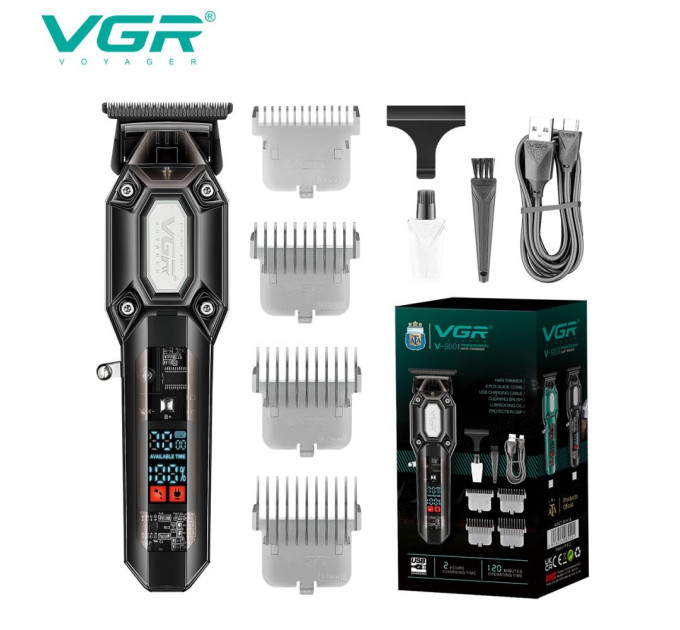 Акумуляторна машинка для стрижки VGR V-900 з дисплеєм бездротова для стрижки волосся. Колір: чорний