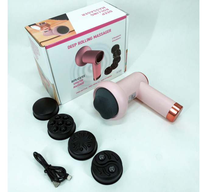 Масажер антицелюлітний для тіла рук та ніг 4 насадки 6 швидкостей Deep Rolling Massager. Колір: рожевий