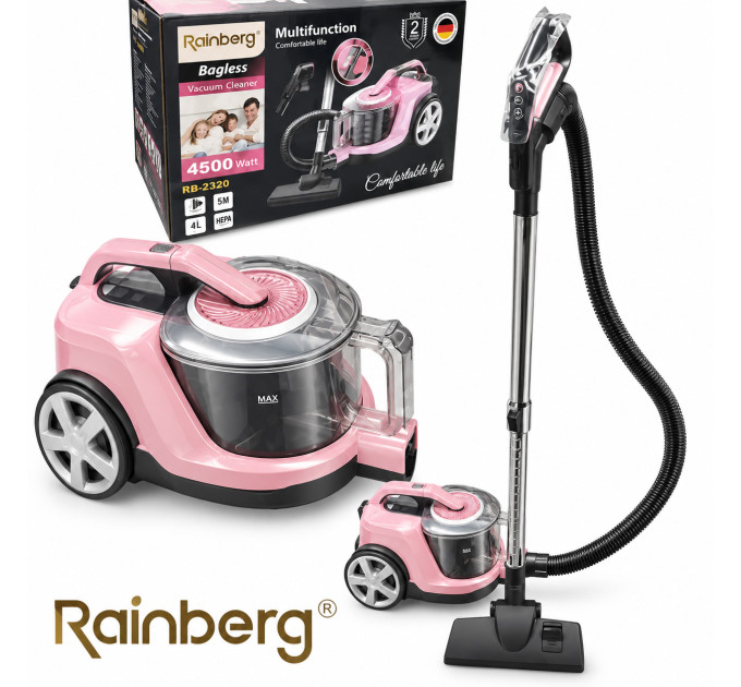 Пылесос безмешковый Rainberg RB-2320 4л Контейнерный пылесос 4500Вт с НЕРА-фильтром Мощный циклонный Pink