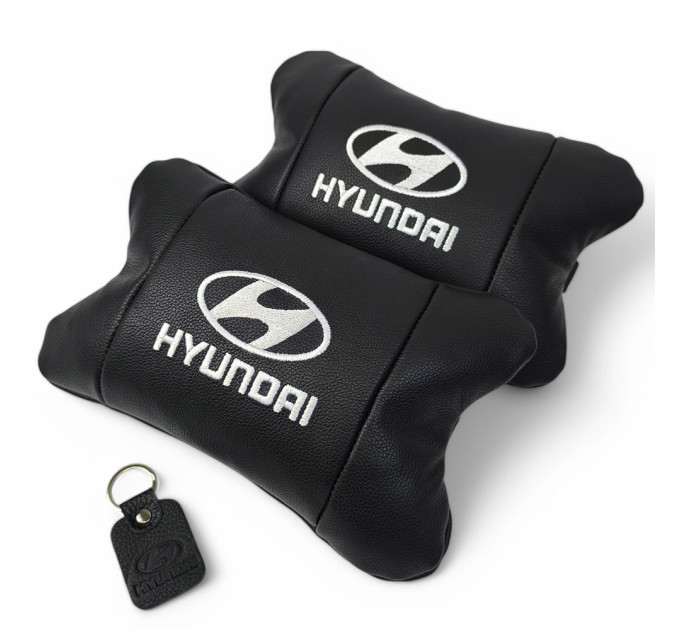 Набір подушок для авто Hyundai 2шт, натуральна шкіра, чорний колір, комфортні підголовники в автомобіль
