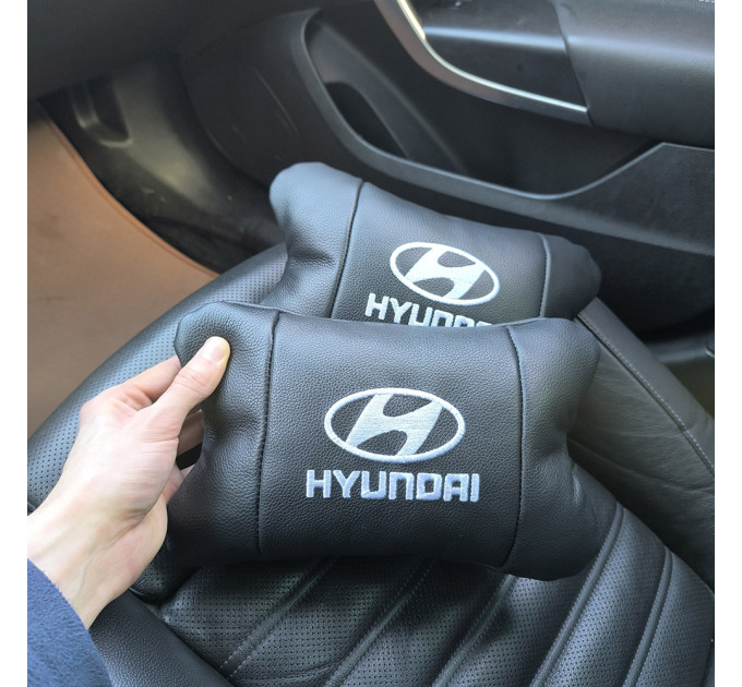 Набір подушок для авто Hyundai 2шт, натуральна шкіра, чорний колір, комфортні підголовники в автомобіль