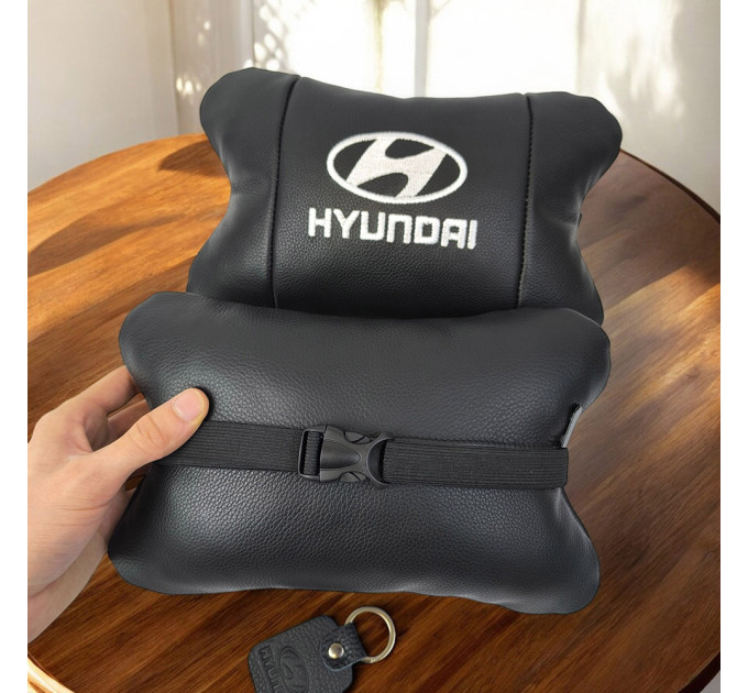 Набір подушок для авто Hyundai 2шт, натуральна шкіра, чорний колір, комфортні підголовники в автомобіль