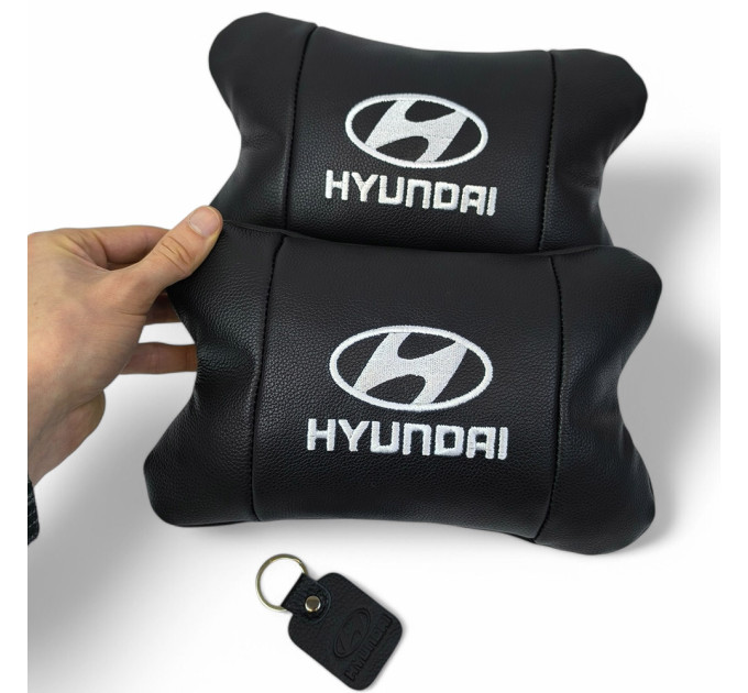 Набір подушок для авто Hyundai 2шт, натуральна шкіра, чорний колір, комфортні підголовники в автомобіль
