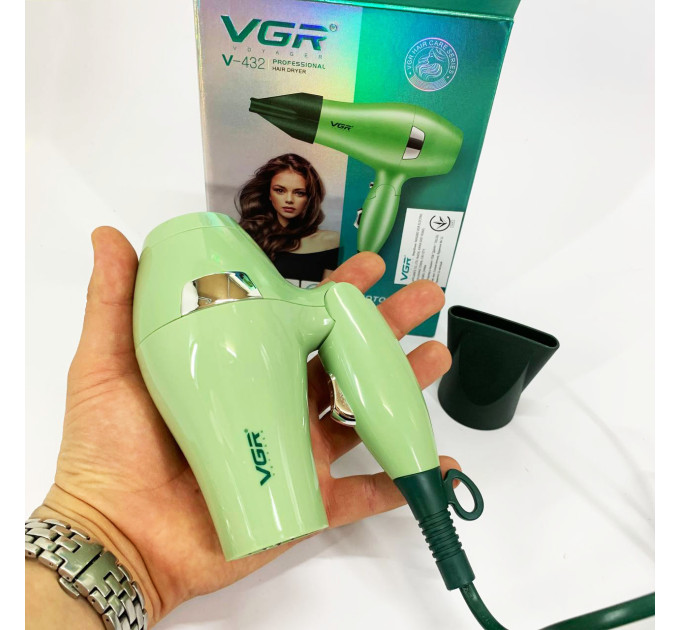 Фен для волосся дорожній VGR V-432 GREEN, з концентратором 1000Вт, іонізація та 2 режими. Колір: зелений