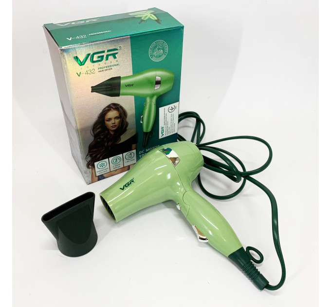 Фен для волосся дорожній VGR V-432 GREEN, з концентратором 1000Вт, іонізація та 2 режими. Колір: зелений