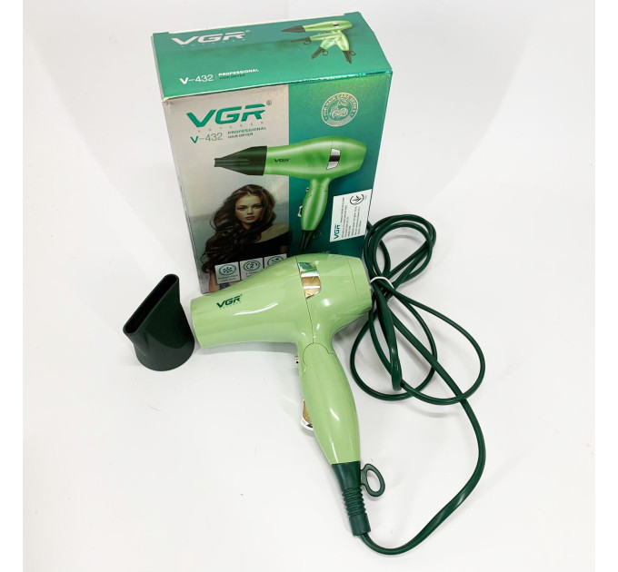 Фен для волосся дорожній VGR V-432 GREEN, з концентратором 1000Вт, іонізація та 2 режими. Колір: зелений