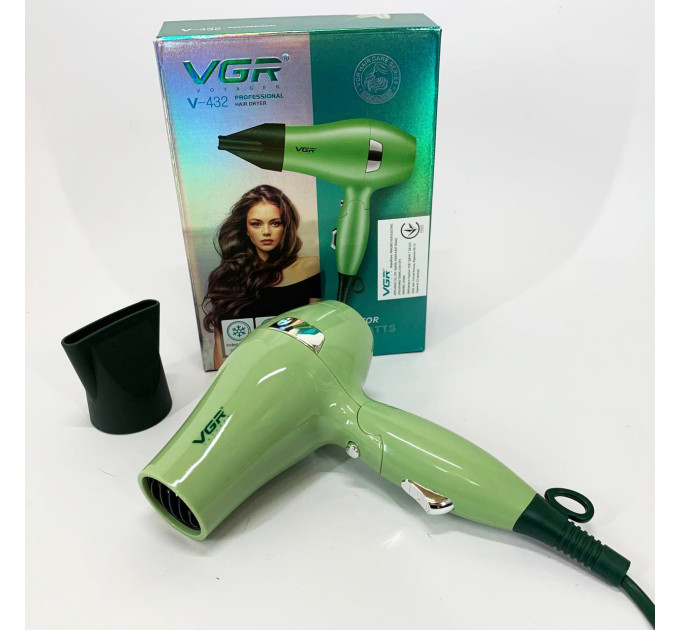 Фен для волосся дорожній VGR V-432 GREEN, з концентратором 1000Вт, іонізація та 2 режими. Колір: зелений
